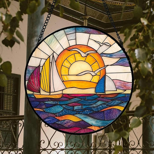 DASTOLL Stained Glass Window Hanging, Sailboat and Waves Suncatcher Diamond Glass Panel Hangings Sun Catchers Decor for Birthday for Women, Men, Wife, Aunt, and Mom 14.9x14.9 in