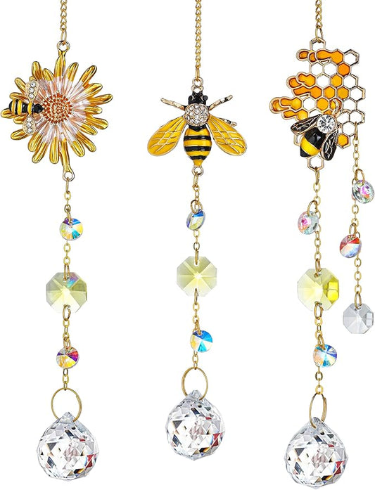 H&D HYALINE & DORA 3 Pack Sun Catcher Crystal Honeycomb Bee Ornaments Crystals Bumblebee Honeycomb with Glass Prisms Decor Garden Suncatcher Window Hanging Gifts for Women,Bee Lovers