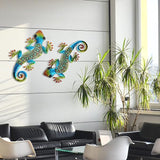 HONGLAND 2Pcs Metal Gecko Wall Decor Lizard Garden Art Color Hanging Glass Sculpture for Indoor Outdoor Patio Fence (Symphony)