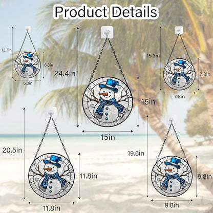 DASTOLL Stained Glass Window Hanging Christmas Snowman Blue White Large 11.8" - Suncatcher Door Garden Sun Catcher Home Decor Birthday Mother's Day Xmas Gift for Mom Men Woman Her Nana Parents Girl