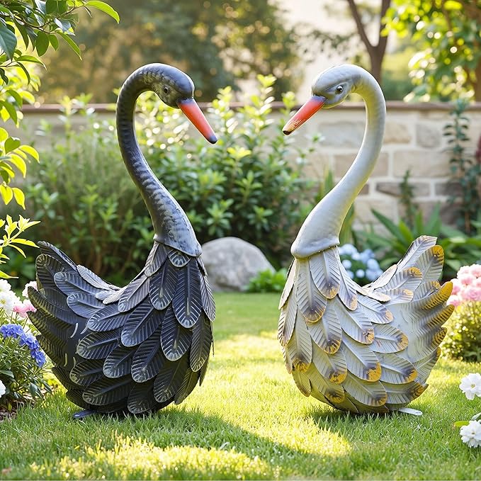 19" Large Swan Statue Set of 2, Handcrafted Lifelike Swan Sculptures Decor with Secure Stakes, Weatherproof Metal Yard Art for Outdoor Indoor Decor, Ideal for Weddings & Valentine’s Day