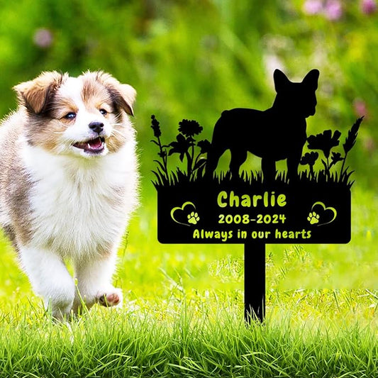 Custom French Bulldog Dog Memorial Grave Marker,Personalized Pet Dog Memorial Garden Stake,Flora Dog Memorial Plaque Burial Stake Engraved Sign,Dog Sympathy Grave Stake,Dog Statue Headstone