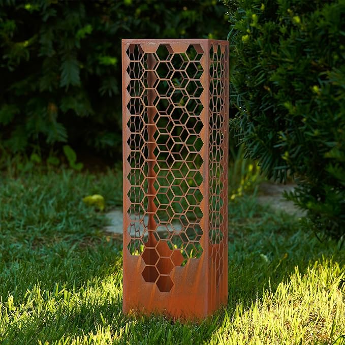 Sumind 24 Inch Honeycomb Garden Column Rust Steel Statue, Outdoor Yard Sculpture, Metal Patio Landscape Decor, Beehive Art Column for Lawn, Porch, Backyard Decoration, Modern Garden Ornament
