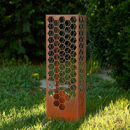 Sumind 24 Inch Honeycomb Garden Column Rust Steel Statue, Outdoor Yard Sculpture, Metal Patio Landscape Decor, Beehive Art Column for Lawn, Porch, Backyard Decoration, Modern Garden Ornament
