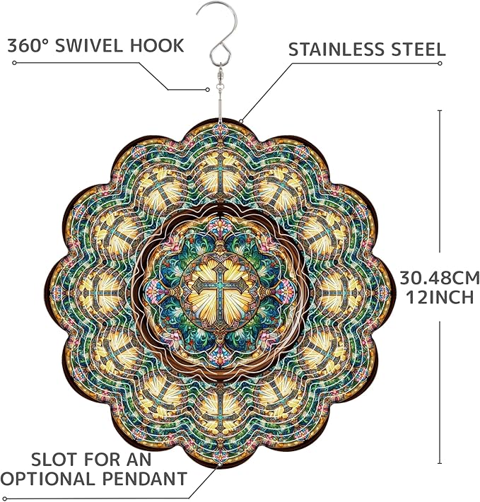 12 Inch 3D Kinetic Wind Spinner for Garden and Yard, Laser-Cut Stainless Steel, Mesmerizing Hanging Decor for Outdoor Patio & Indoor, Cathedral Cross-05