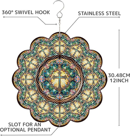 12 Inch 3D Kinetic Wind Spinner for Garden and Yard, Laser-Cut Stainless Steel, Mesmerizing Hanging Decor for Outdoor Patio & Indoor, Cathedral Cross-05