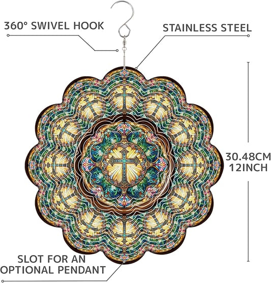 12 Inch 3D Kinetic Wind Spinner for Garden and Yard, Laser-Cut Stainless Steel, Mesmerizing Hanging Decor for Outdoor Patio & Indoor, Cathedral Cross-05
