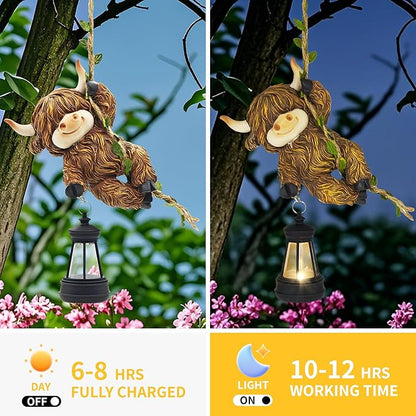Hanging Highland Cow Decor: Garden Cow Statues with Solar Lantern Tree Decorations for Outdoor Yard Lawn Patio Porch Ideal Gardening Gifts for Mom Grandma Women