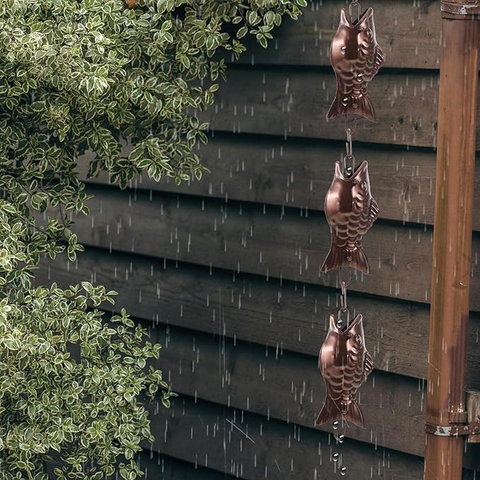 Abaodam Aluminum Alloy Rain Chain with Copper Fish Design Decorative Rainwater Catcher Chain for Garden and Porch Downspouts with Hanging Cups