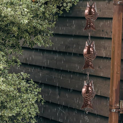 Abaodam Aluminum Alloy Rain Chain with Copper Fish Design Decorative Rainwater Catcher Chain for Garden and Porch Downspouts with Hanging Cups