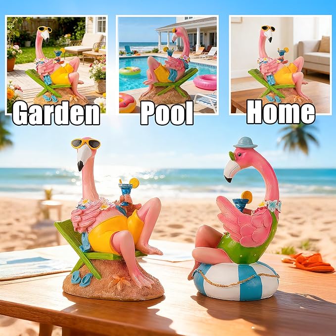 Teaeeno Pink Flamingo Figurines with Beach Chair Resin Bird Sculpture, Large Flamingo Ornaments for Coastal Home Wedding Decor, Housewarming Flamingo Gifts for Lady, Tropical Holiday Decor on Desk
