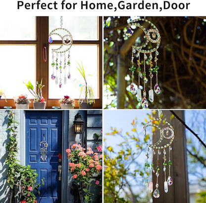 Sun Catcher Rainbow Maker with Moon Shape Natural Green Stones and Various Crystal Shapes Unique Crystal Decoration for Home or as a Gift Stunning Light Refraction and Colorful Display
