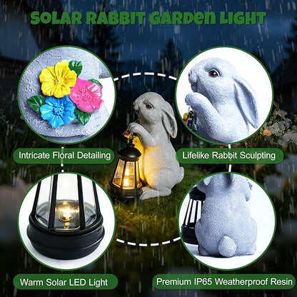 Solar Garden Statues, Resin Bunny Statue w/ Flower, Waterproof Figurine Rabbit Garden Statue for Outside Yard Outdoor Home Patio Lawn Decor, Solar Animal Lights for Adults Women Birthday Easter Gifts