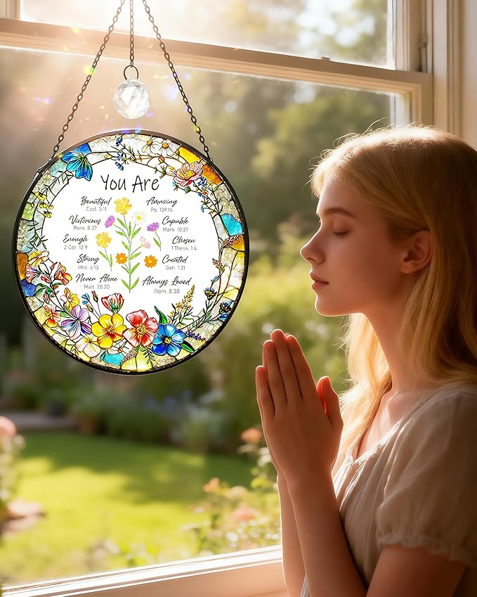 Christian Stained Glass Window Hanging Sun Catcher, Religious Faith for Mom or Grandma, Church Window Decor