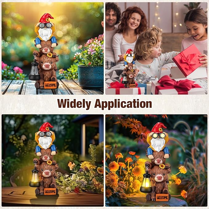 Gerrii Solar Highland Cow Gnome Outdoor Spring Garden Statue with Lighted Lantern 11" Resin Highland Cow Welcome Sign Outdoor Yard Waterproof Gift for Women Mom Holiday Patio Lawn Ornaments