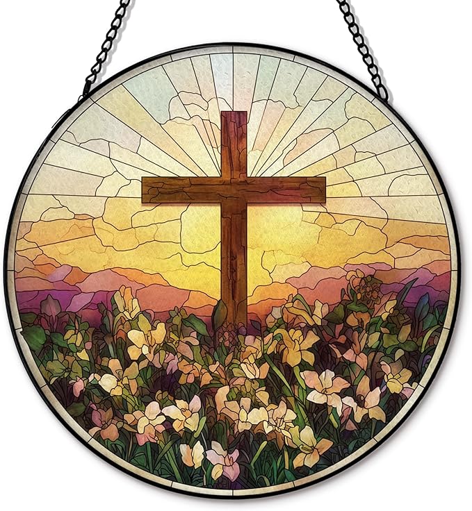 Cross Flower Suncatcher Stained Glass Window Hanging, Wildflower Cross Sun Catchers Indoor Window Glass Round Wall Decor, Religious Wall Art Hanging Decorations, 7.8＂x7.8＂