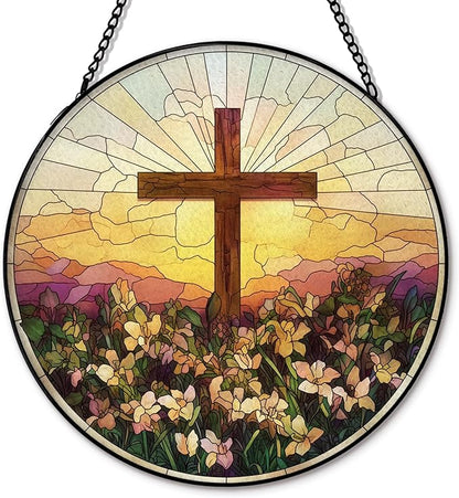 Cross Flower Suncatcher Stained Glass Window Hanging, Wildflower Cross Sun Catchers Indoor Window Glass Round Wall Decor, Religious Wall Art Hanging Decorations, 7.8＂x7.8＂