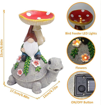 Turtle Garden Solar Statue with Mushroom Bird Bath Outdoor Waterproof, Gifts to Mom Women Grandma Birthday Mother's Day, Gnome Bird Feeder with LED Light for Yard Lawn Porch Outside Decor