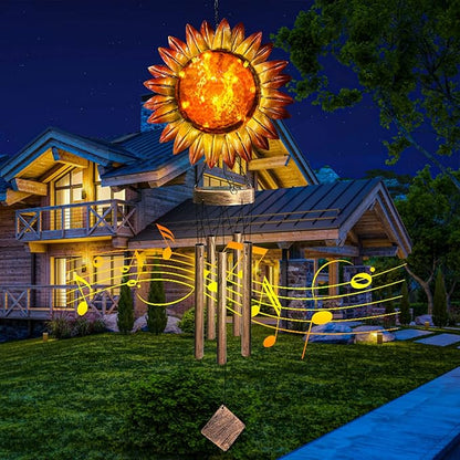 Solar Wind Chimes for Outside, 39.4" Sunflower Wind Chimes Outdoor Solar Lights Waterproof Hanging Garden Decorative Sunflower Lights for Yard Patio Memorial Gift