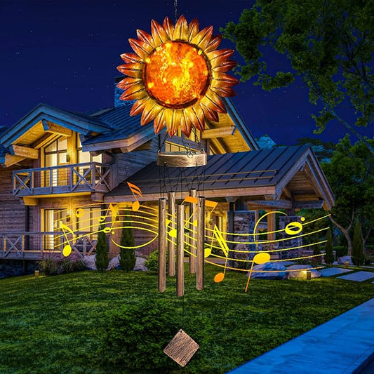 Solar Wind Chimes for Outside, 39.4" Sunflower Wind Chimes Outdoor Solar Lights Waterproof Hanging Garden Decorative Sunflower Lights for Yard Patio Memorial Gift
