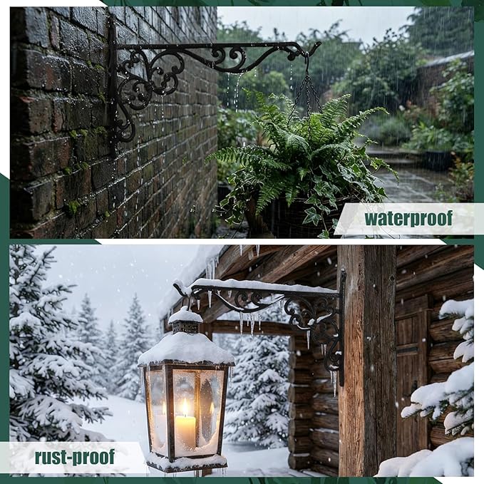 Landhoow 2 Pcs 15.6" Large Cast Iron Hanging Outdoor Wall Hanger Black Heavy Duty Basket Hook Braces Vintage Decorative Shelf Garden Planter Flower Hook for Pot Lantern Wind Chime Hummingbird Feeder