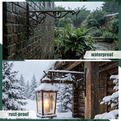 Landhoow 2 Pcs 15.6" Large Cast Iron Hanging Outdoor Wall Hanger Black Heavy Duty Basket Hook Braces Vintage Decorative Shelf Garden Planter Flower Hook for Pot Lantern Wind Chime Hummingbird Feeder
