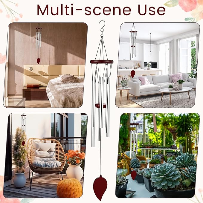 Yahenda 6 Pcs 28 Inch Rustic Wind Chimes for Outside Deep Tone Wind Chimes with 6 Aluminum Tubes Memorial Coolest Windchimes Outdoors for Farmhouse Garden Patio Home Decor (Redwood, Sliver)