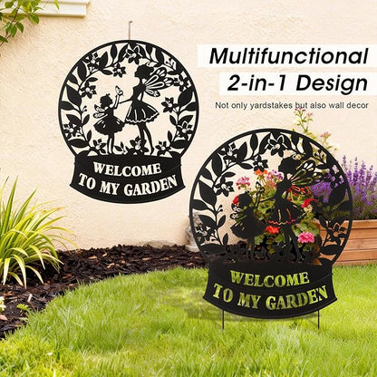 Glitzhome Flower Fairy Decorative Garden Stakes, 30" H Black Metal Silhouette with Welcome to My Garden Banner, Iron Garden Yard Art Decor for Lawn or Wall Decor