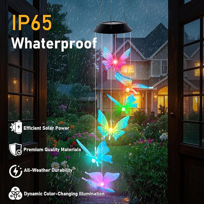 Solar Wind Chimes for Outside, Butterfly Wind Chimes, Color Changing LED Mobile Wind Chime, Solar Butterfly Lights for Outdoor Porch Deck Garden Patio Decor, Blue
