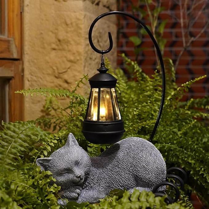 Solar Garden Statue with LED Lights - Cute Sleep Cat Sculpture, Waterproof Resin Ornament for Lawn, Patio, Yard, Balcony & Home Decor, Solar Powered Light for Outdoor and Indoor Spaces