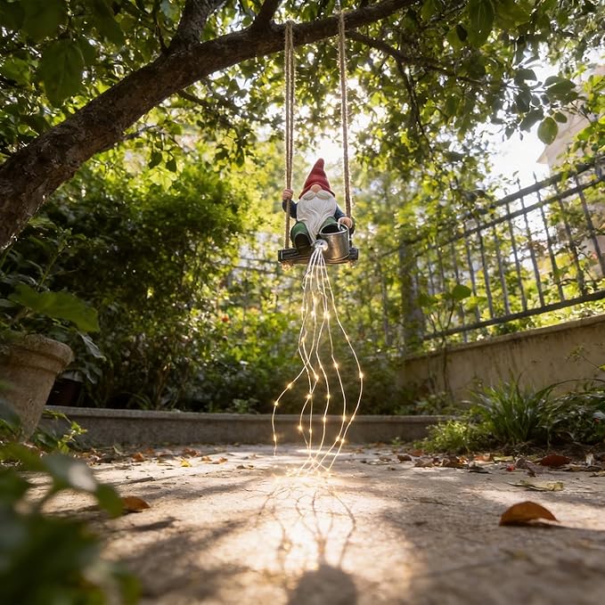 Hanging Garden Gnomes Statues Solar Watering Can Fairy Lights, 6.7''H Swings Gnome Cascading LED Decor for Yard Balcony Backyard Tree Outside, Housewarming Birthday Gifts for Woman Mom Grandma