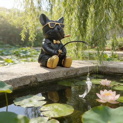 Outdoor Bulldog Resin Statue, Bulldog Garden Decoration for The Courtyard, Gift for Dog Lovers and Fishing Enthusiasts, Unique Garden Statue, Tabletop Animal Miniature Statue