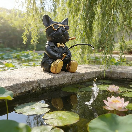 Outdoor Bulldog Resin Statue, Bulldog Garden Decoration for The Courtyard, Gift for Dog Lovers and Fishing Enthusiasts, Unique Garden Statue, Tabletop Animal Miniature Statue