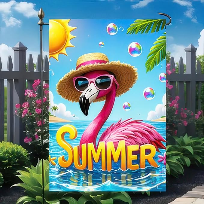 BlissYard Hello Summer Flamingo Welcome Garden Flag 12 x 18 Inch Double Sided Ocean Beach Tropical Plant Farmhouse Small Yard Flag Summer Seasonal Holiday Outdoor Outside Decoration