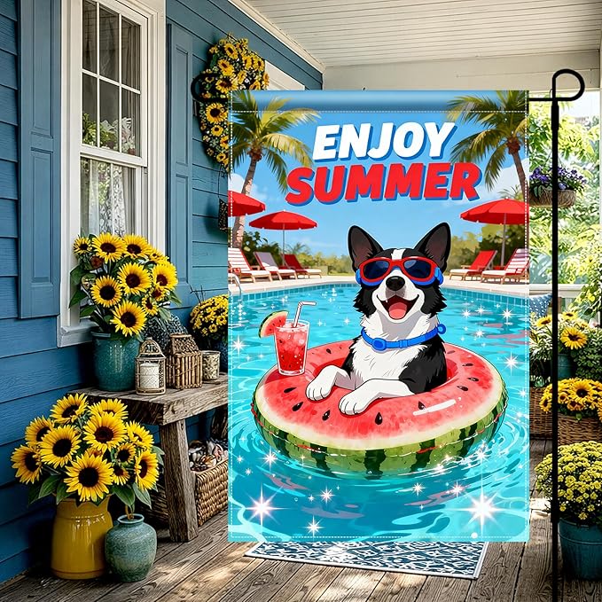 BlissYard Enjoy Summer French Bulldog Garden Flag 12x18 Double Sided Vertical Outdoor Pool Party Dog Decor Sunglasses Float Yard Lawn Patio Tropical Banner