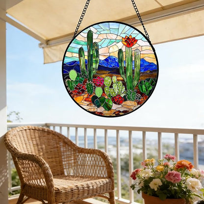 DASTOLL Stained Glass Window Hanging, Green Cactus Suncatcher for Doors Window Home Plant Landscape Sun Catchers Decoration Mother's Day Birthday Gifts for Women, Men, and Mom 6.3 in