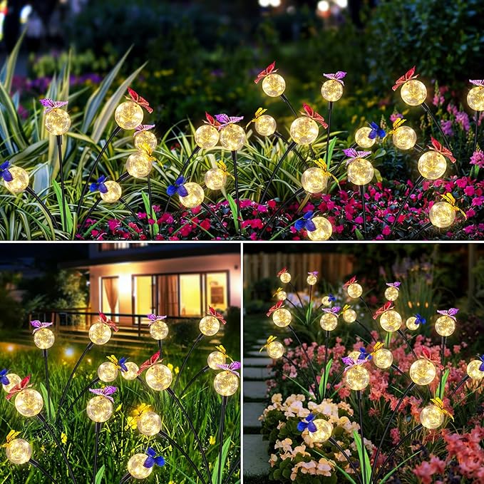 Solar Lights Outdoor 2 Pack, Solar Garden Lights, Butterfly Outdoor Decorations, Patio Decor, Big Bulb, Unique Gifts for Women, Gifts for Grandma