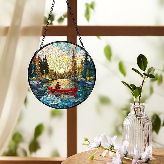 Lake Landscape Suncatchers Stained Glass Window Hanging, Nature Canoeing Man Lake Sun Catchers Indoor Window Glass Round Wall Decor, Lakehouse Wall Hanging Decorations, 7.9x7.9in