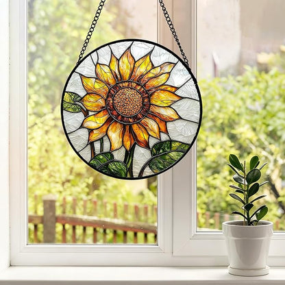 DASTOLL Stained Glass Window Hanging - Sunflower Flower Suncatcher Ready to Hang Window Doors Home Decoration and Christmas, Mother's Day Birthday Gifts for Women, Men, and Mom 14.9x14.9 in