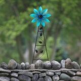 Glitzhome Wind Spinners Outdoor Windmill, 44 Inch Blue Metal Flower Wind Spinner Yard Stake with Hand Painted Glossy Finish, Outdoor Garden Lawn Patio Flowerbed Decor