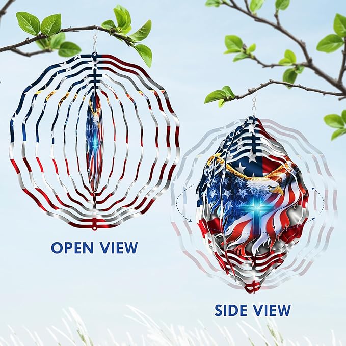 FLAGWIX American Eagle Decorations - 3D Stainless Steel Metal Wind Spinners 12 in - 4th of July Decorations for Window Yard Garden Patio, Patriotic Outdoor Decor, Eagles Gifts for Men Women Friends
