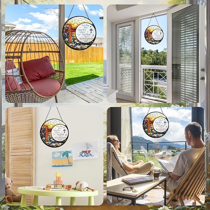 Cross Stained Glass Window Hanging, Bible Catchers Indoor Window Gifts for Grandma Mom Women Men, Christmas Wall Art Decor for Home Garden Doors