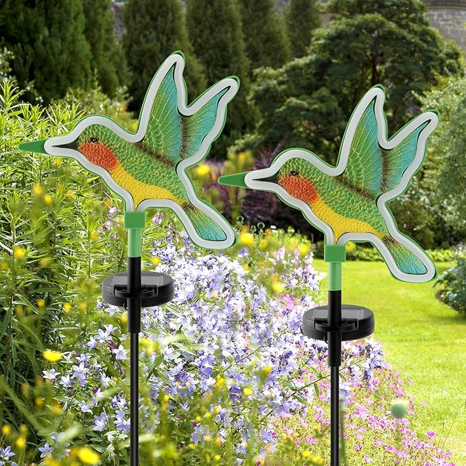 Solar Hummingbird Garden Lights 2 Pack, Colorful Neon Glow LED Solar Stake Lights, Waterproof Outdoor Decorative Landscape Lighting for Yard, Patio, Pathway