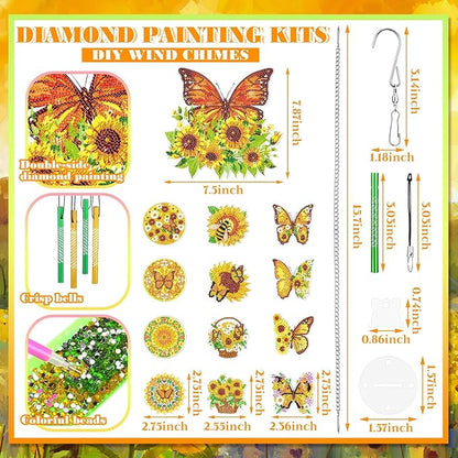 GlikCeil Diamond Art Wind Chimes 3D Sunflower Butterfly DIY Diamond Art Kits Painting Suncatcher Wind Chime with Double Sided Crystal Hanging Ornament for Garden Decor(Sunflower Butterfly)