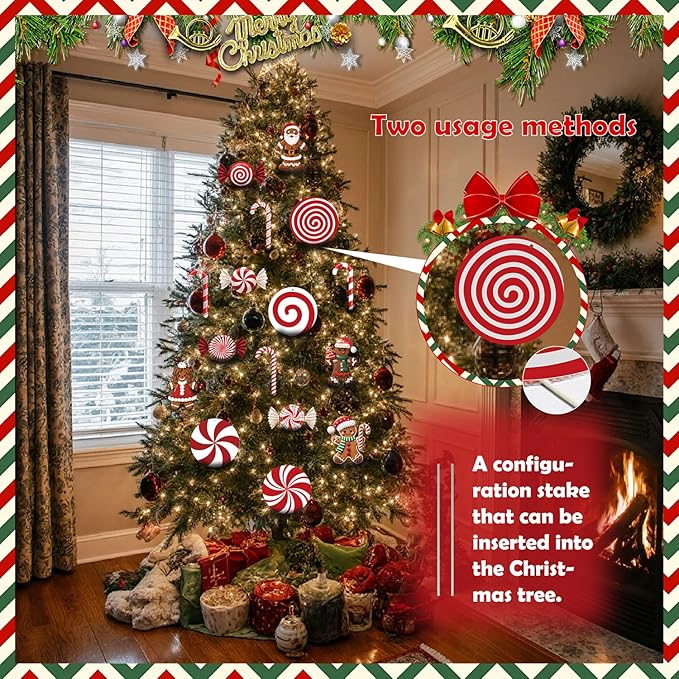16ct Christmas Decorations Set Outdoor and Indoor Holiday Decor with Festive Candy Canes Gingerbread Ornaments 60 Meter Fishing Line and 28 Glass Fiber Stakes for Tree Yard