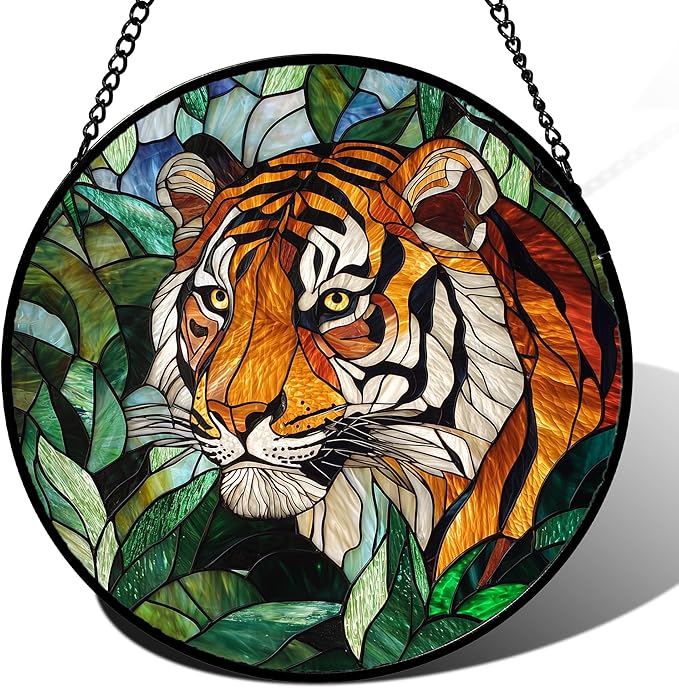 Stained Glass Window Hanging, Fierce Tiger Sun Catcher for Door Home Decor Wild Animals Suncatcher Christmas Mother's Day Birthday Gifts for Women Men Mom and Nana 15 in