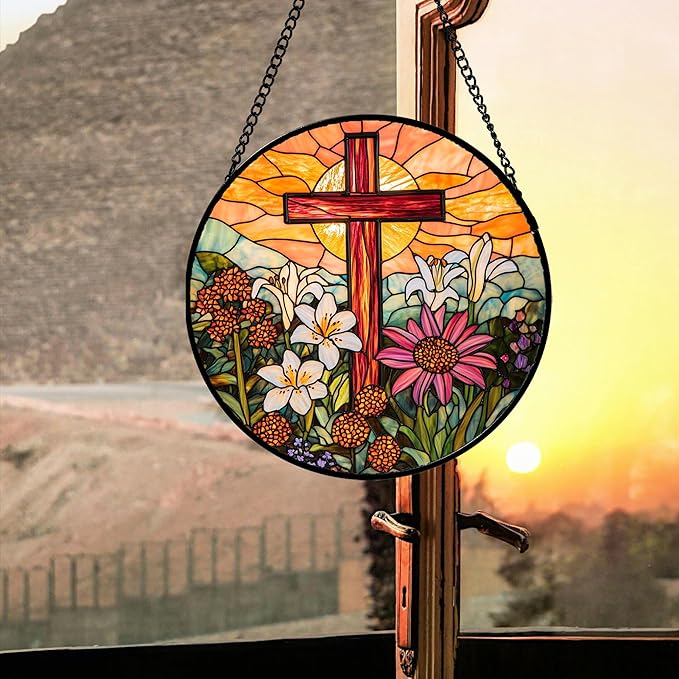 Christian Gifts for Women - Cross Stained Glass Window Hanging Easter Flower Sunset Landscape Sun Catcher Garden Religion Decor Mother's Day Catholic Gift for Men Grandma Mom Her Nana 6.3"