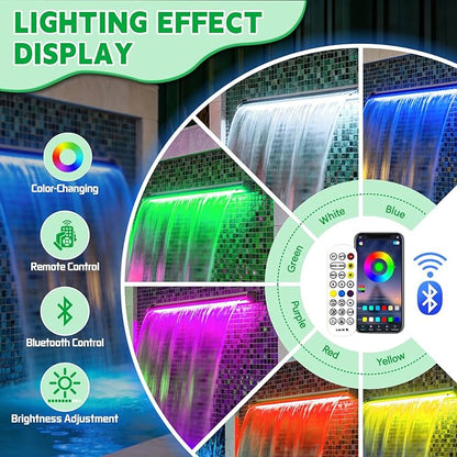 LONGRUN Stainless Steel Waterfall Spillway, APP Control Multi-Color LED Light Outdoor Pool Fountain, Water Spillway Koi Pond Waterfalls Fountains Kit for Garden Patio Swimming Pool Decoration-11.8"