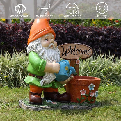Gnome Garden Statue Planter with Welcome Sign, Waterproof Outdoor Resin Flower Pot, Yard Lawn Patio Decor, Front Porch Ornament Housewarming Gift(Orange Hat Gnome)