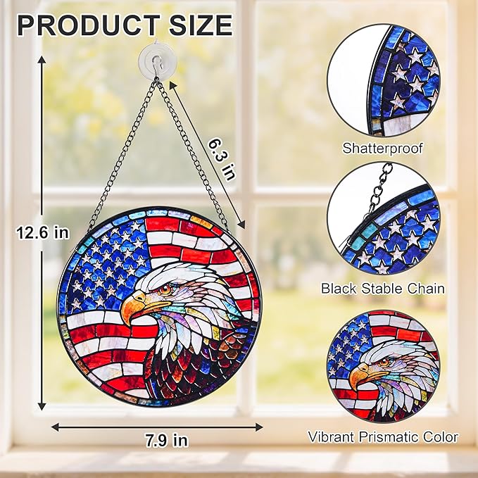 Stained Glass Window Hanging Suncatchers with American Bald Eagle 12.6", Vibrant Glass Panel with Metal Chain for Home Decor Gift for Women Mother's Day, Birthday, Men, and Mom